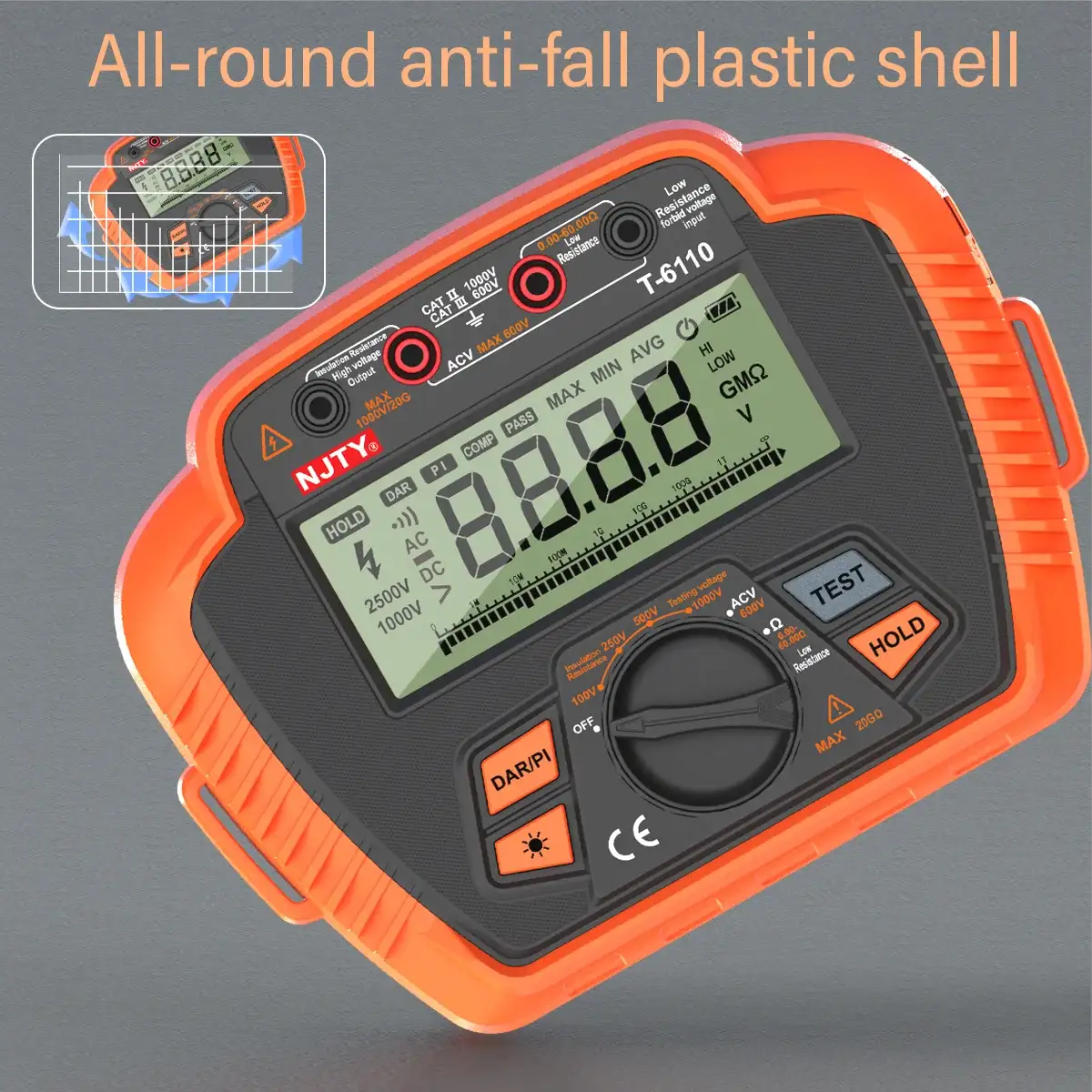 NJTY Insulation Resistance Tester 1000V/2500V Digital Megohmmeter, MAX 20GΩ/200GΩ, Measuring Low Resistance Absorption Ratio