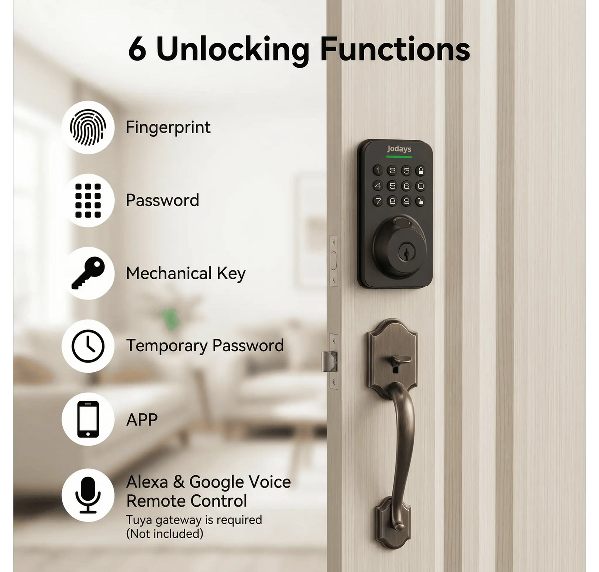Jodays Smart Deadbolt Lock with Fingerprint & Keypad, Keyless Entry Door Lock with App Control, Temporary and One-Time Password, Auto Lock & Anti-Peep Passcode, Powered by 4pcs AA Alkaline Batteries (No Included), Easy Instal