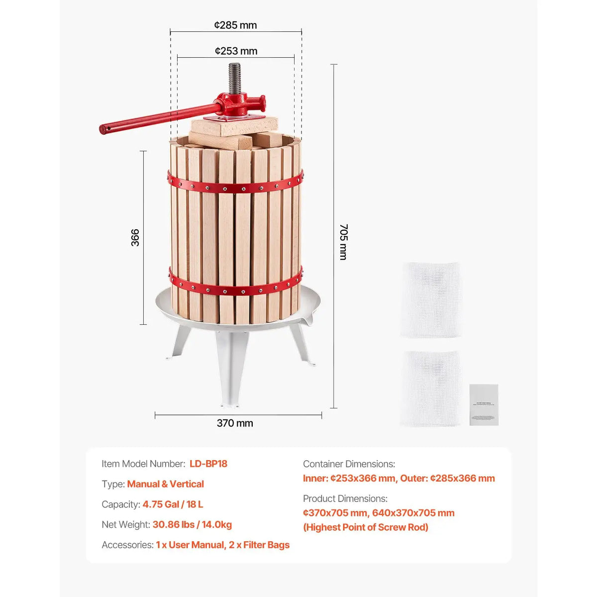 SucceBuy Fruit Wine Press Solid Wood Basket w/ Blocks Heavy — product view 7