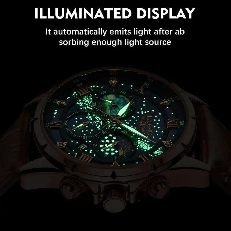 LIGE Leather Strap Chronograph Sport Watch Waterproof