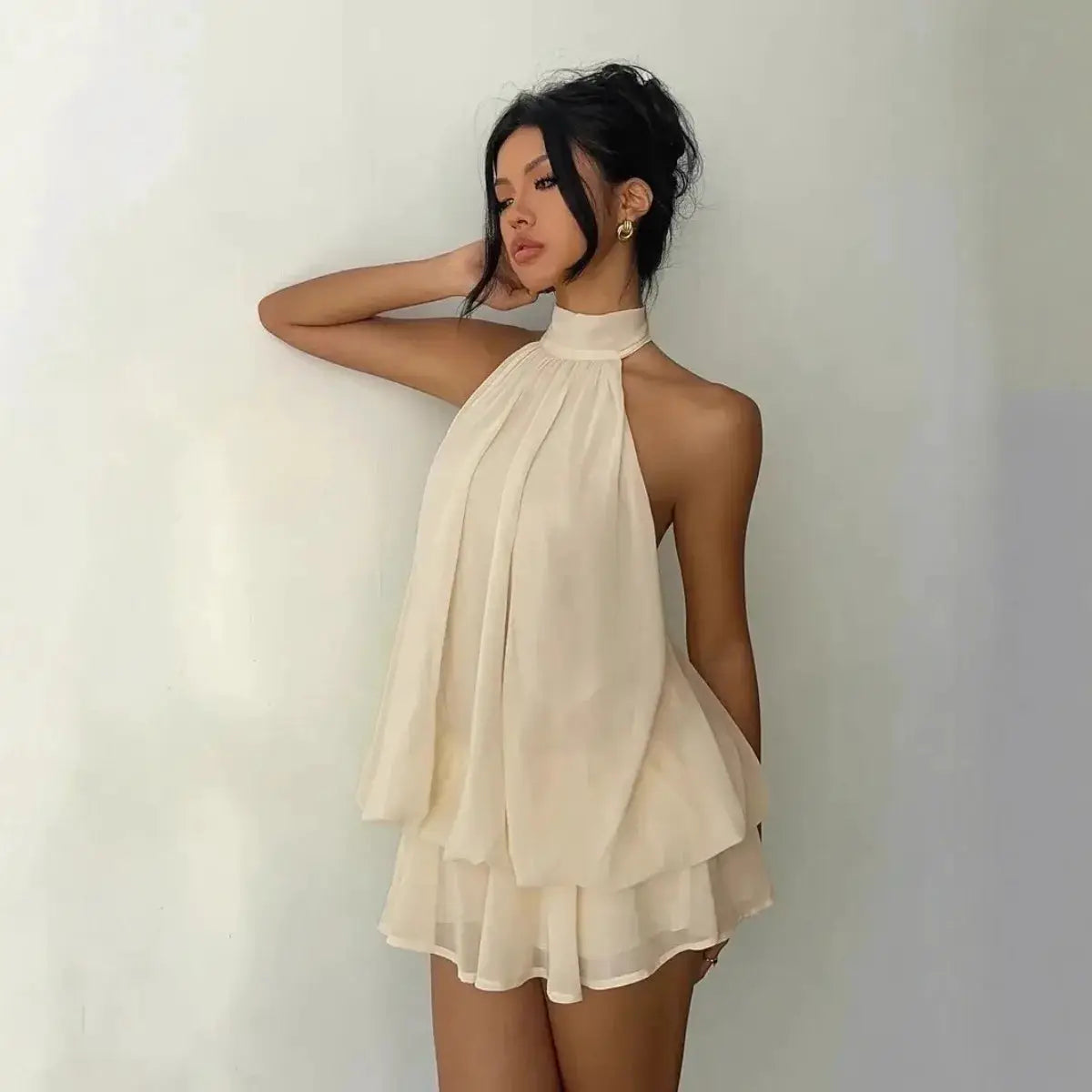 Women's Halter Neck Dress, Backless Tie-Front Chiffon Sheer Mini Skirt, Fashionable Sexy Y2K Vintage Cute Party Birthday Dress