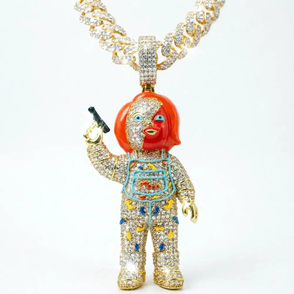Orange Hair Girl With Gun Pendant Iced Out Gold Plated — product view 9