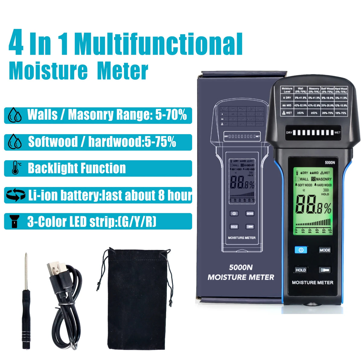 Masonry Humidity Detector,Wall Moisture Meter, Modes Wood Drywall — product view 2