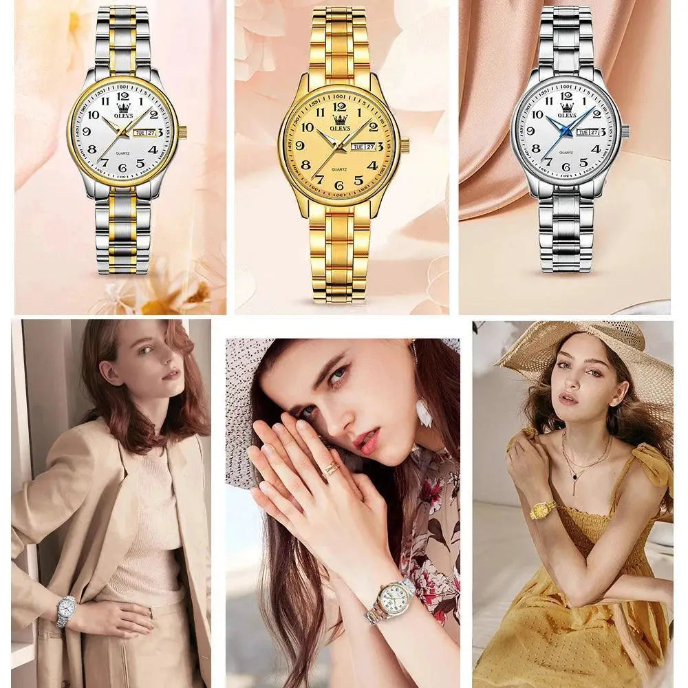 Elegant Gold Quartz Watch For Women With Day Date Feature