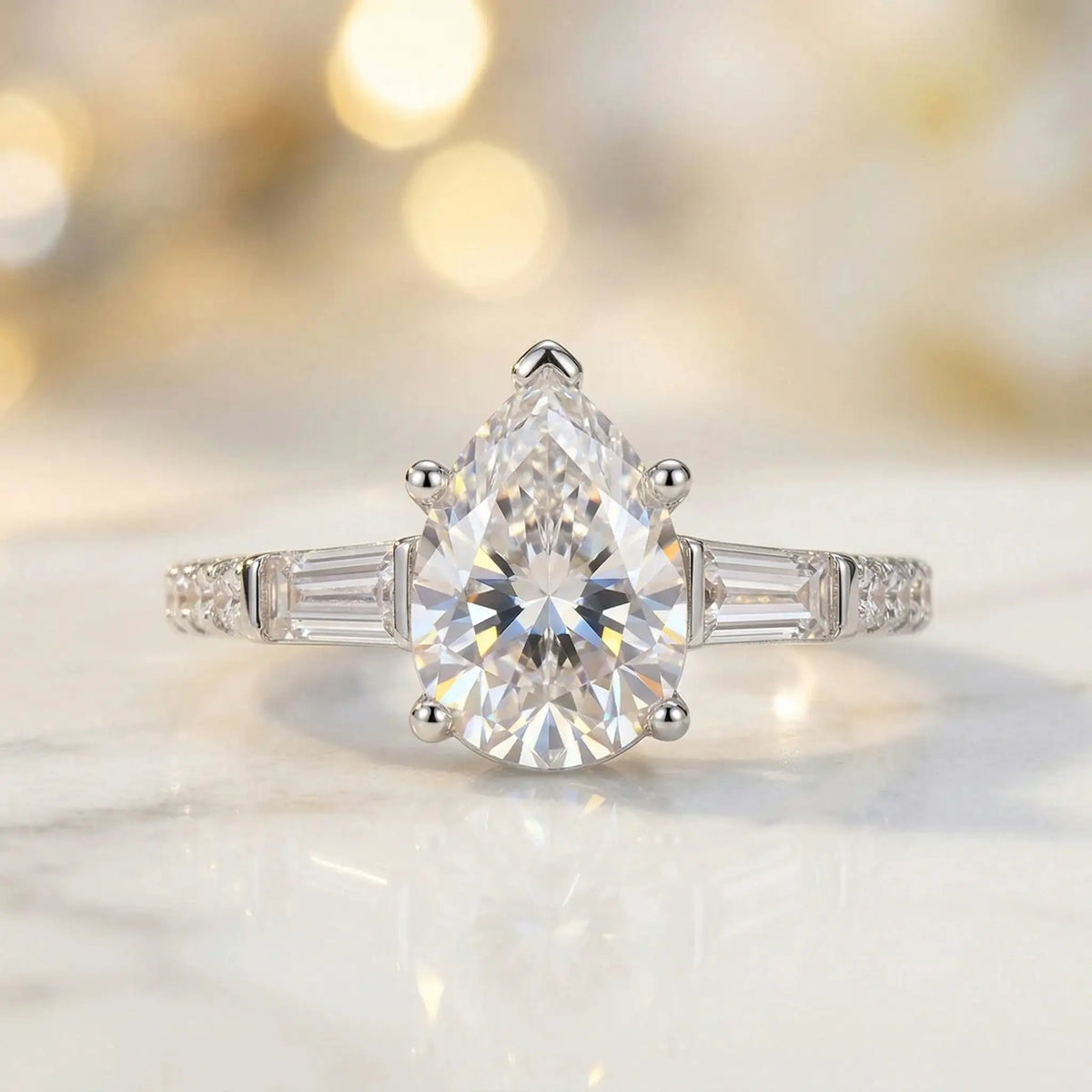 Pear Moissanite Ring in Sterling Silver Baguette — product view 3
