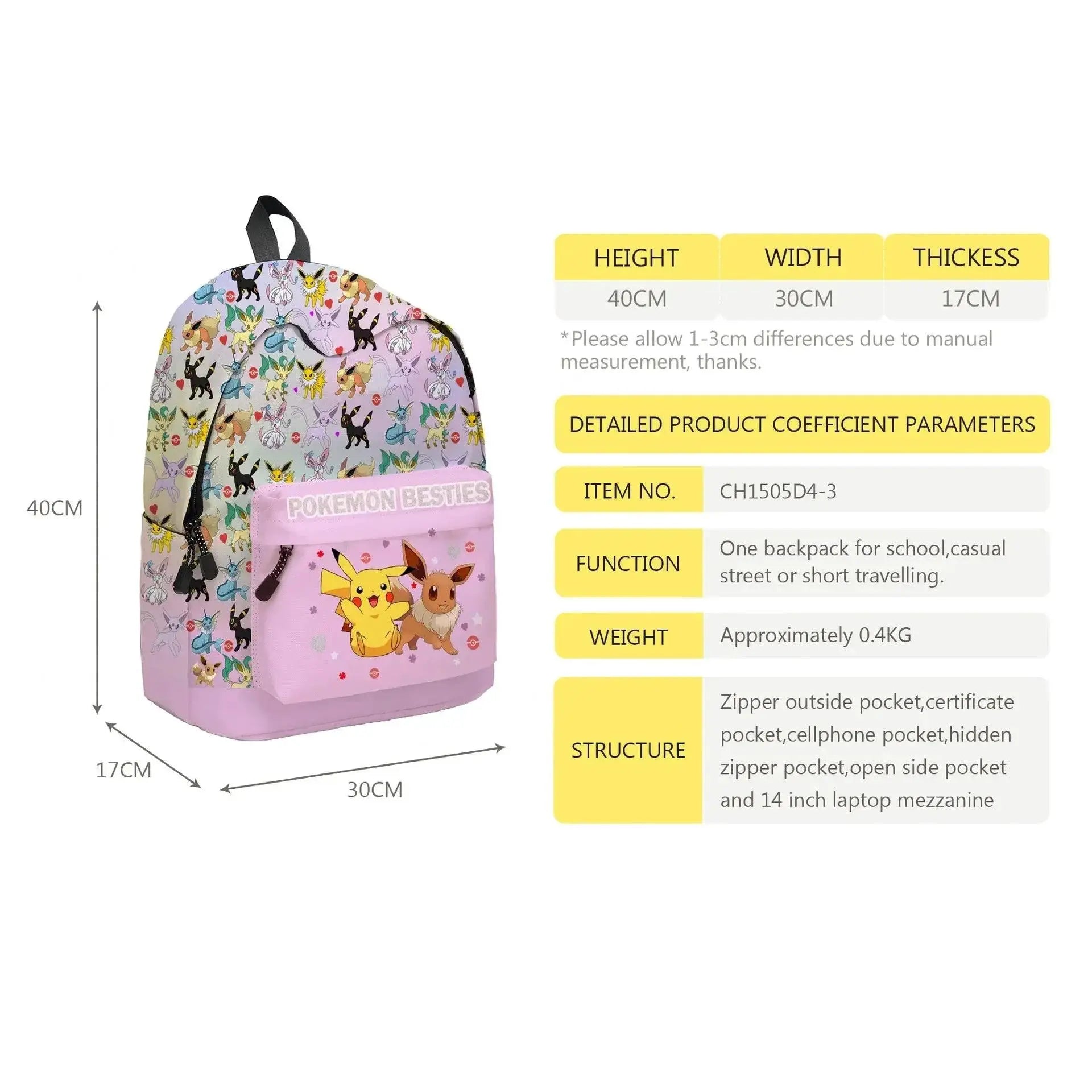 Pikachu Cartoon Backpack Two Piece Pokemon School Bag