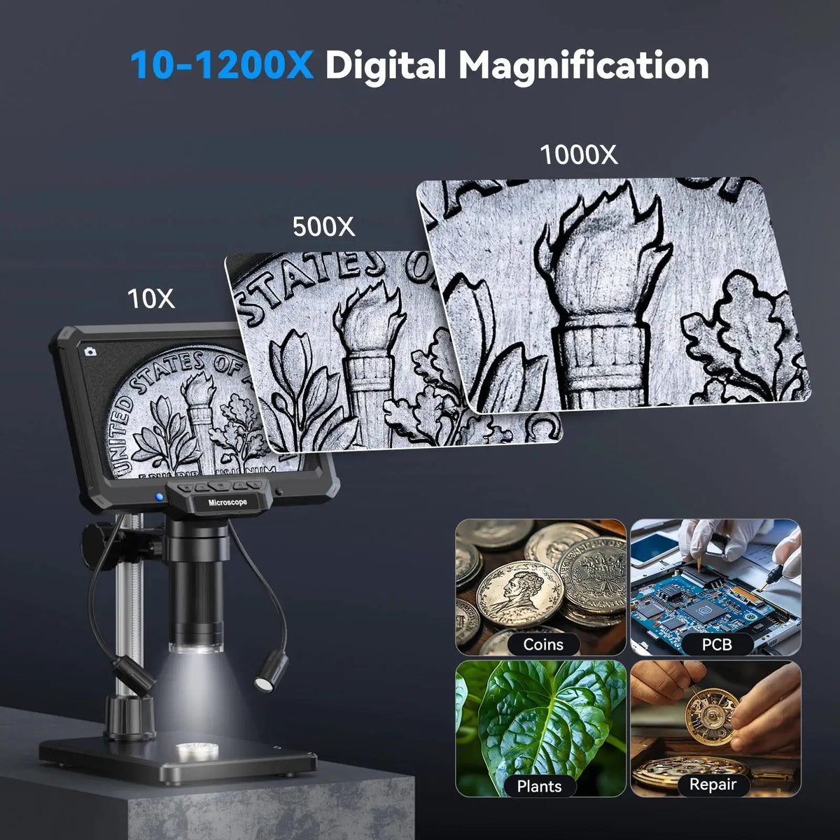7inch Digital Microscope 1200X Magnification for Coin PCB Circuit Repair 16MP HD Soldering Microscope with Lights, PC View