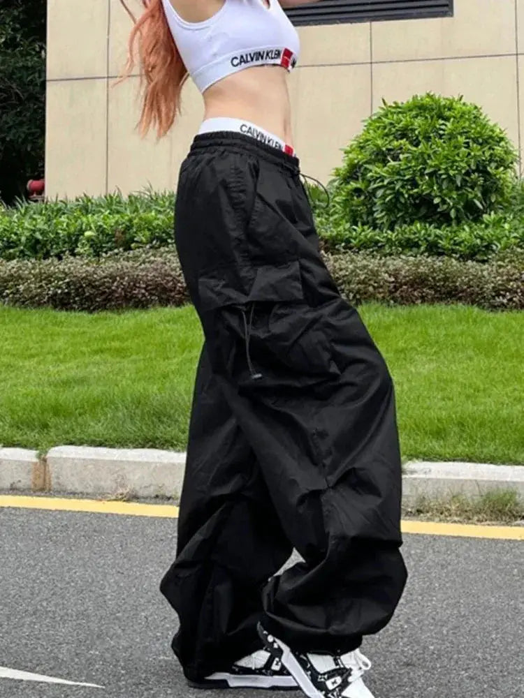 Y2K Parachute Black Cargo Trousers Women Hippie Streetwear