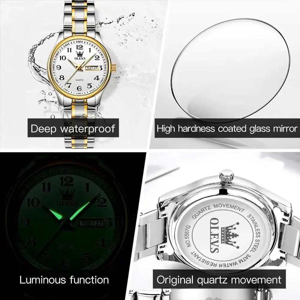 Elegant Gold Quartz Watch For Women With Day Date Feature