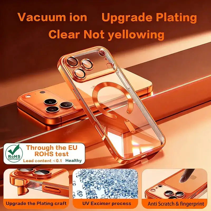 Fashion Orange Magnetic Clear Case For iPhone Air 18 17 16 15 14 13 12 11 Pro Max Plus Wireless Charge Plating Soft Cover