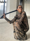 Kliou Mesh Vintage Prints Maxi Dress Women Sheer Long Sleeve Bodycon Party Dress