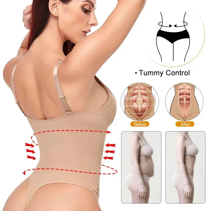 Deep V Neck Shapewear Bodysuit Built In Bra Slimming Thong