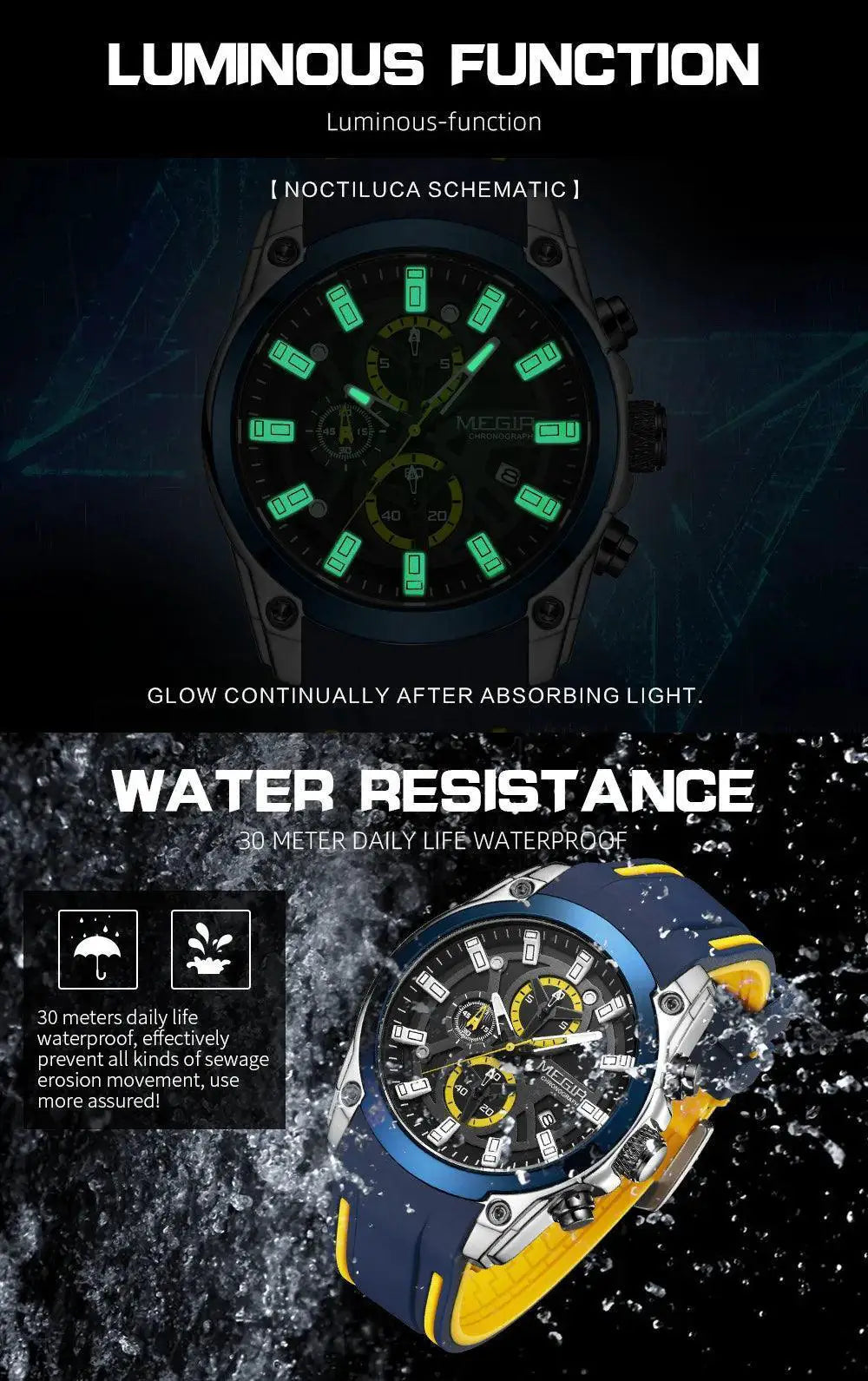 Megir Men Chronograph Sport Watch Stylish Timepiece