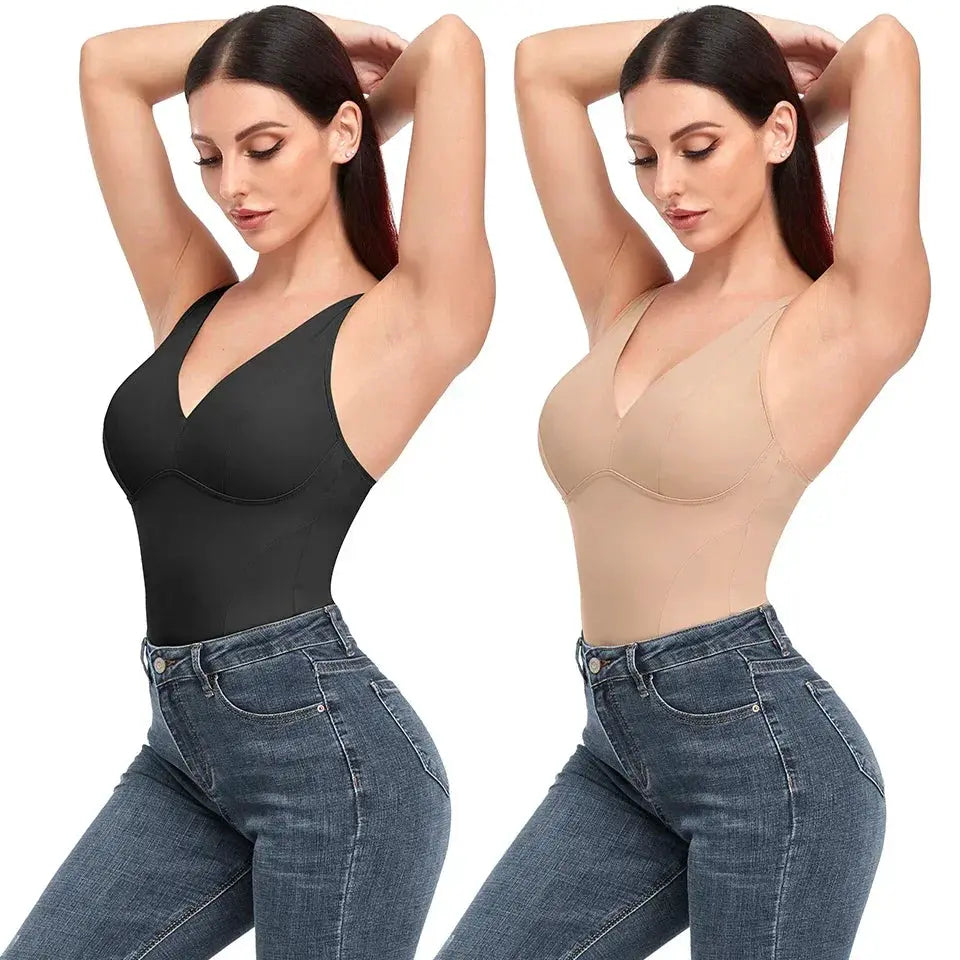 Deep V Neck Shapewear Bodysuit Built In Bra Slimming Thong
