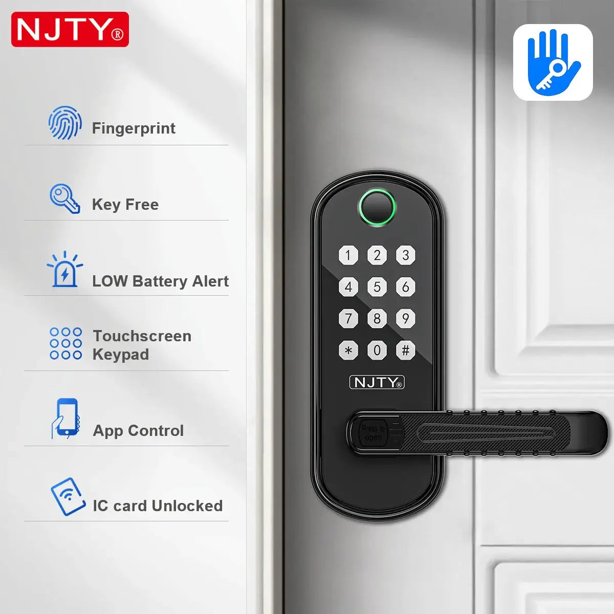 NJTY Fingerprint Door Lock Unlock by Fingerprint/Card/App/Password/NFC/Key Anti-Theft Electronic Door Lock for Bedroom/Outside