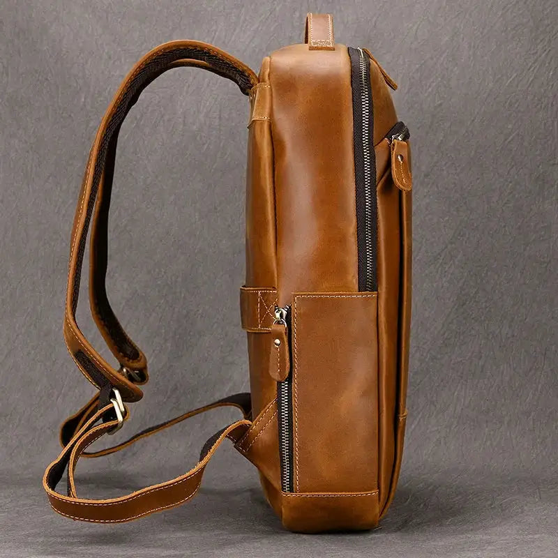 Men's Retro Crazy Horse Leather Laptop Backpack — product view 14