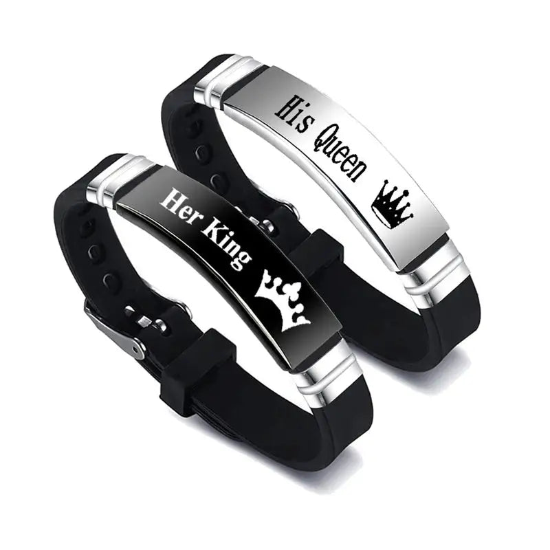 2Pcs/Set His Queen Her King Couple Minimalist Bracelet Stainless Steel Adjustable Silicone Strap Bangle Valentine's Day Gift