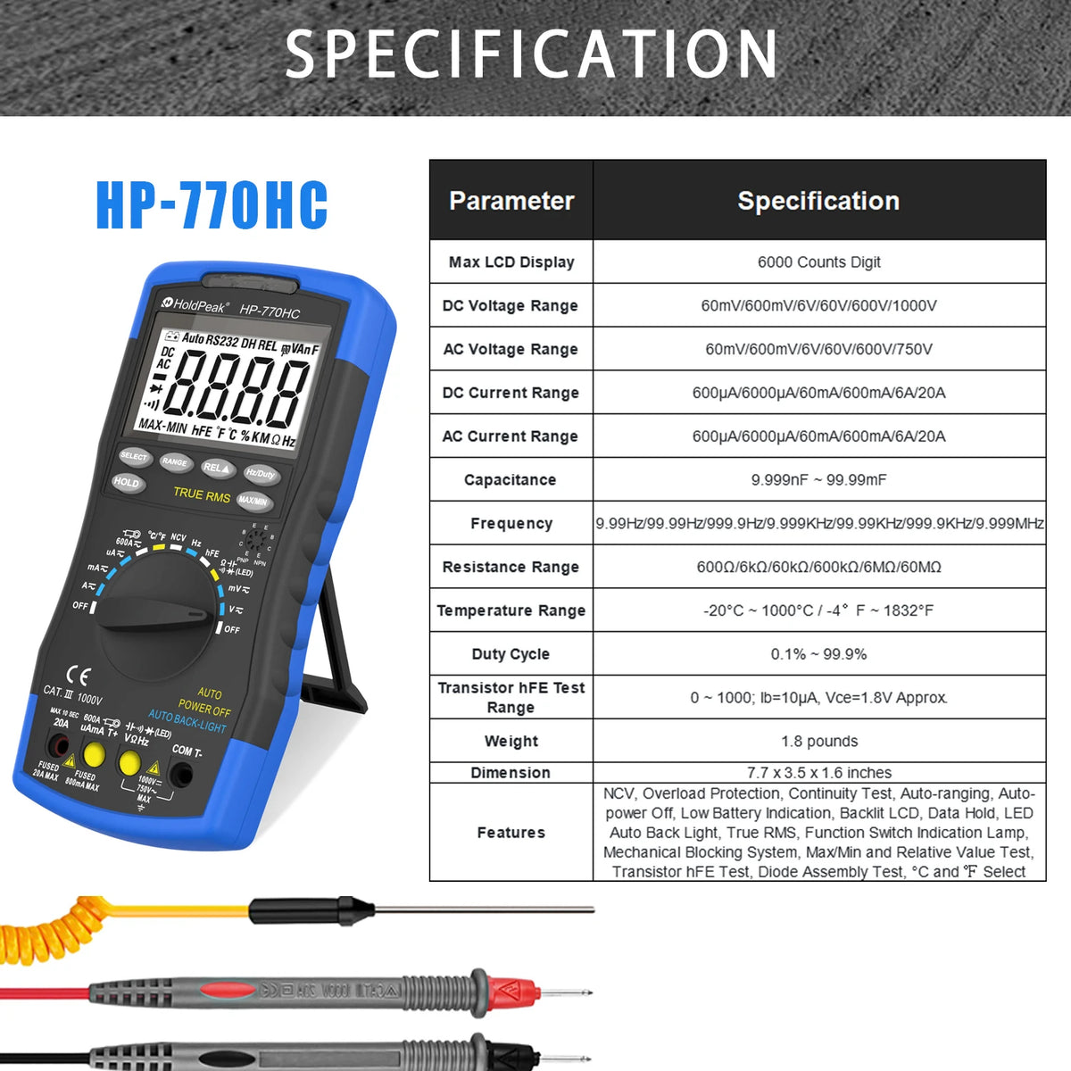 Digital Multimeter Auto Range TRMS DC AC Meters , Counts — product view 7