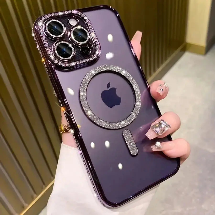 Fashion Glitter Diamond Transparent Case For iPhone 18 17 16 15 14 13 11 12 Pro Max Funda Magnetic Wireless Charger Bumper Cover
