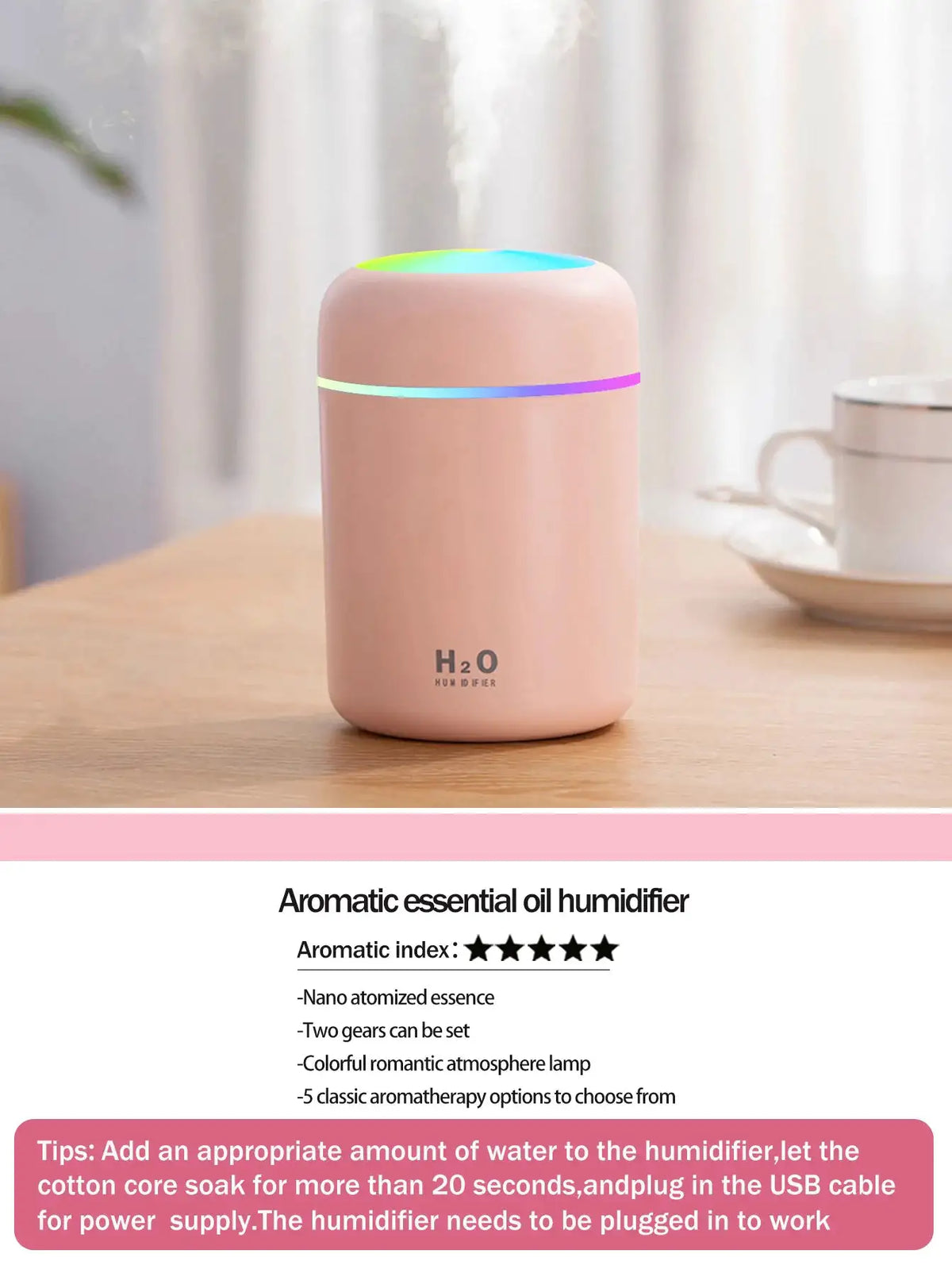 300ml Aromatherapy Diffuser Humidifier Air Purifier Car Home Use Seven-color Light Aromatherapy Essential Oil