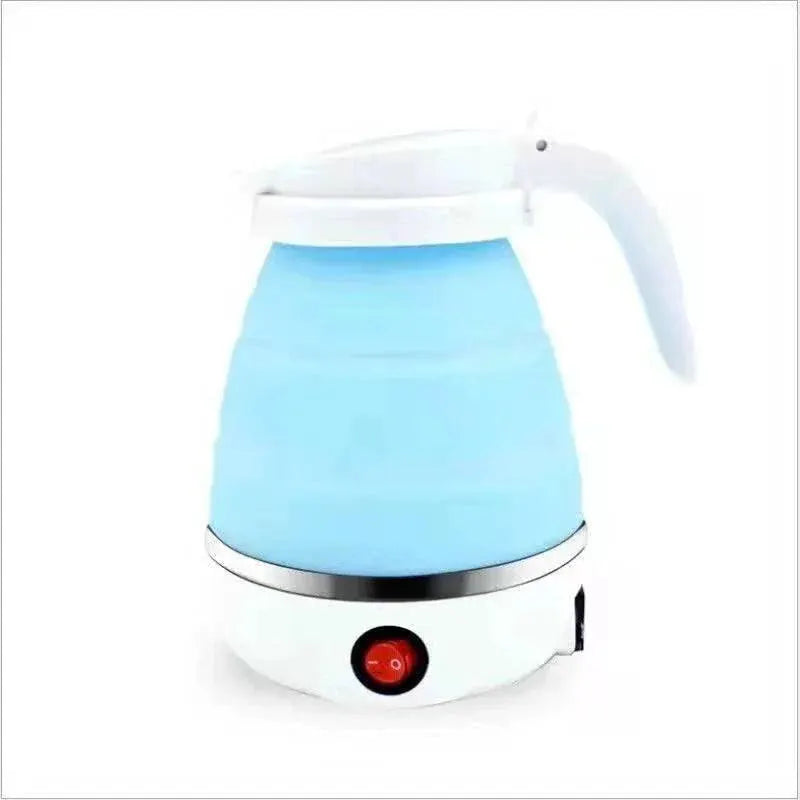Collapsible electric kettle with blue silicone body and white handle on white background