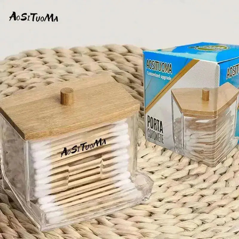Wooden Lid Cotton Swab Holder Elegant Bathroom Organizer