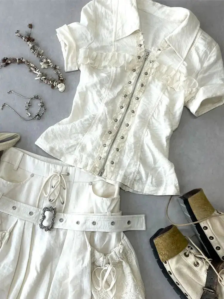 Punk Dresses 2 Pieces Harajuku Gyaru Streetwear Zipper Shirt Short-sleeved Polo Neck Fashion Y2k Mini Skirt Vintage 2000s Dress