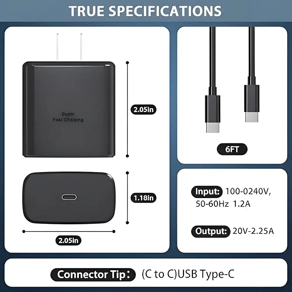 45W Super Fast Charger & USB-C Data Cable - Portable Adapter for Samsung for Galaxy S24/S23/S22/S25 Ultra/S21 Plus/Note 20