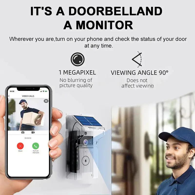 Waterproof Outdoor Wireless Doorbell with Solar Cover Camera WiFi Digital Door Peepholes Smart Home Intercom Video Eye Ring Bell