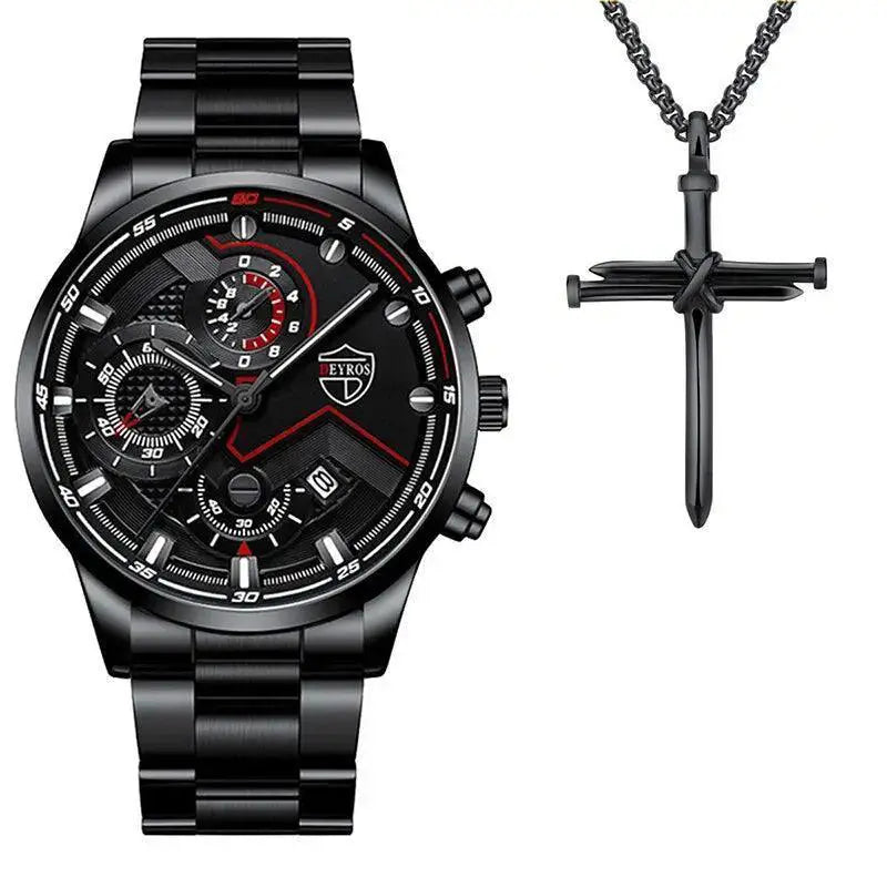 Men Stainless Steel Quartz Watch With Calendar Necklace Set