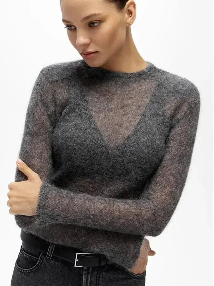 2024 New Fashion Solid Round Neck Thin Knitted Sweater Elegant Long Sleeve Bodycon Pullover Autumn Lady Commuting Street Outwear
