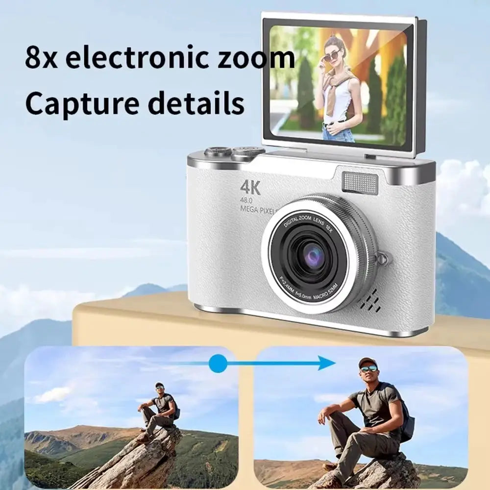 4K CCD 8X Digital Zoom Digital Camera for Student 48MP Compact Digital Photography Camera 180 Flip Screen Selfile Camera