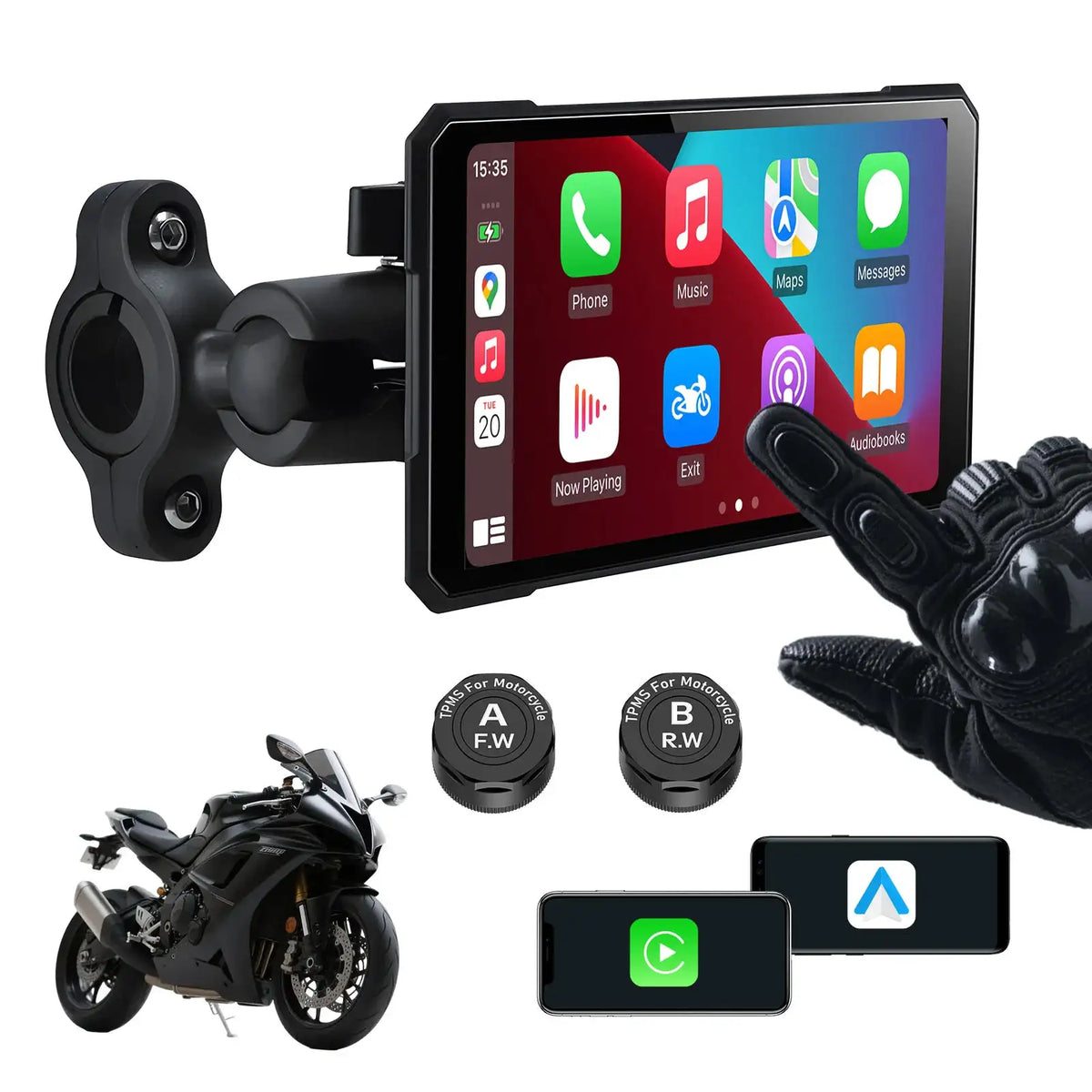 5" Smart Motorcycle Display, Wireless CarPlay & Android Auto,Navigation Support, Siri & Google Assistant, IP67 Waterproof