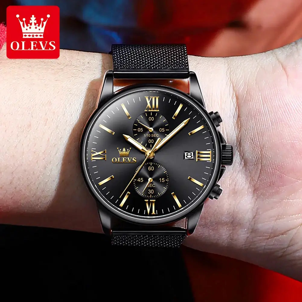 OLEVS 2886 Men's Watches Classic Multifunctional Chronograph Date Original Quartz Wristwatch Mesh Belt Waterproof Luminous Reloj