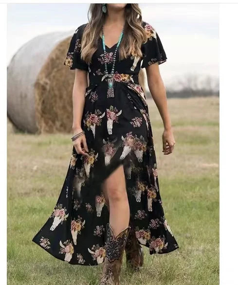 Bull Print Split Maxi Dress