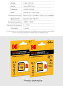 KODAK Micro SD Card Class10 U3 Memory Card 64GB 128GB 256GB