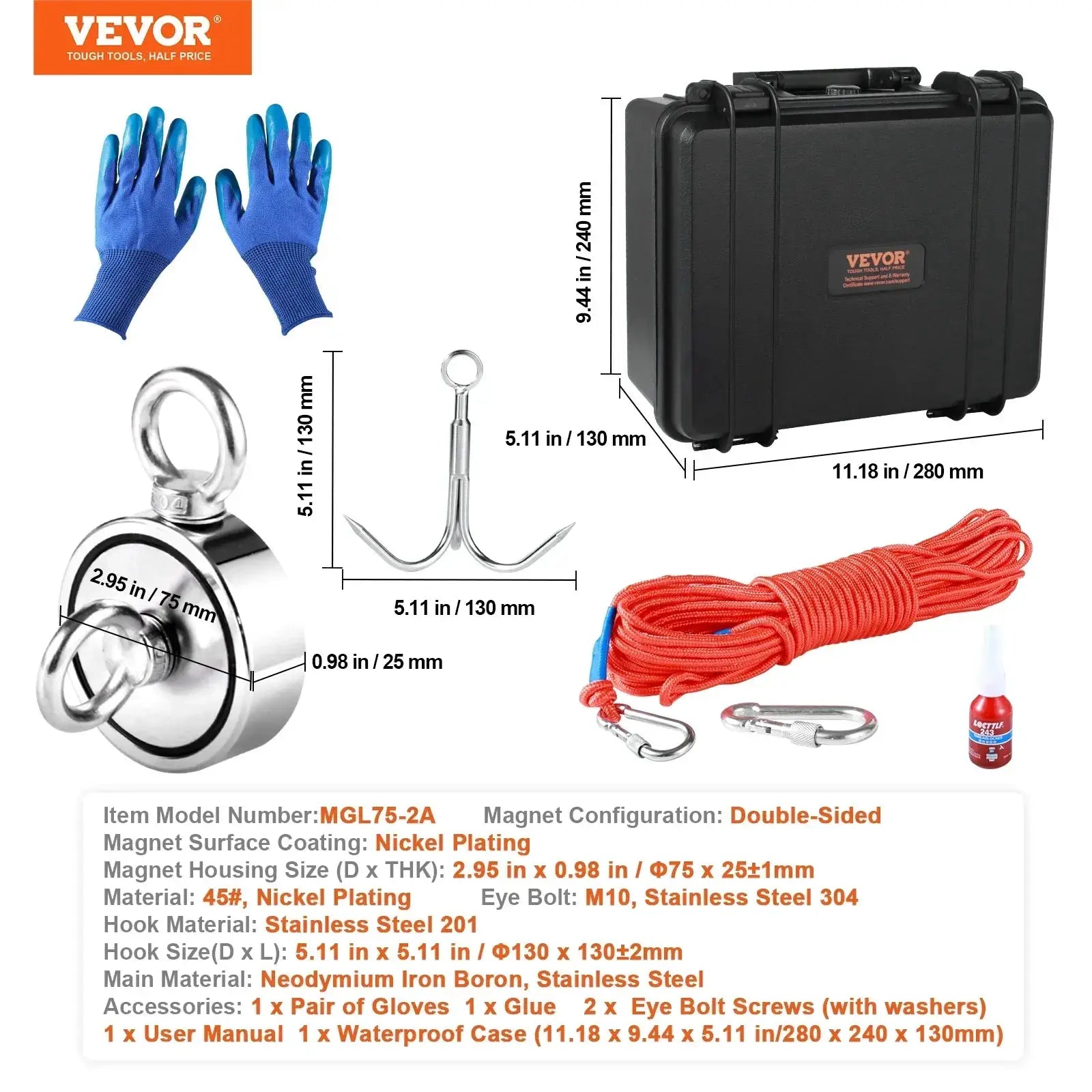 VEVOR Magnet Fishing Kit 1200Lbs Double Sided 65Ft Rope