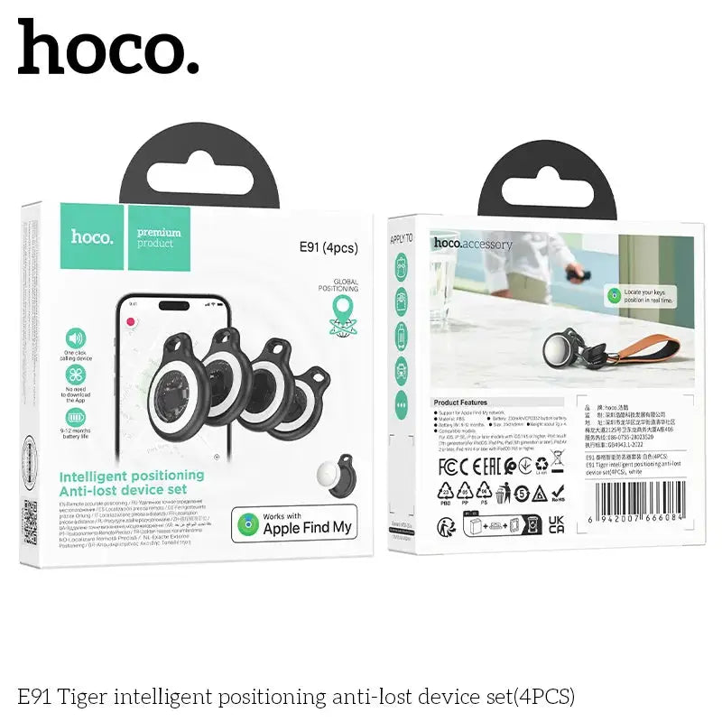 HOCO 4 Pack Anti Lost Device Airtags For Apple IOS System GPS Locator Wallet Keychain Cars Pets Finders with Protective Cases