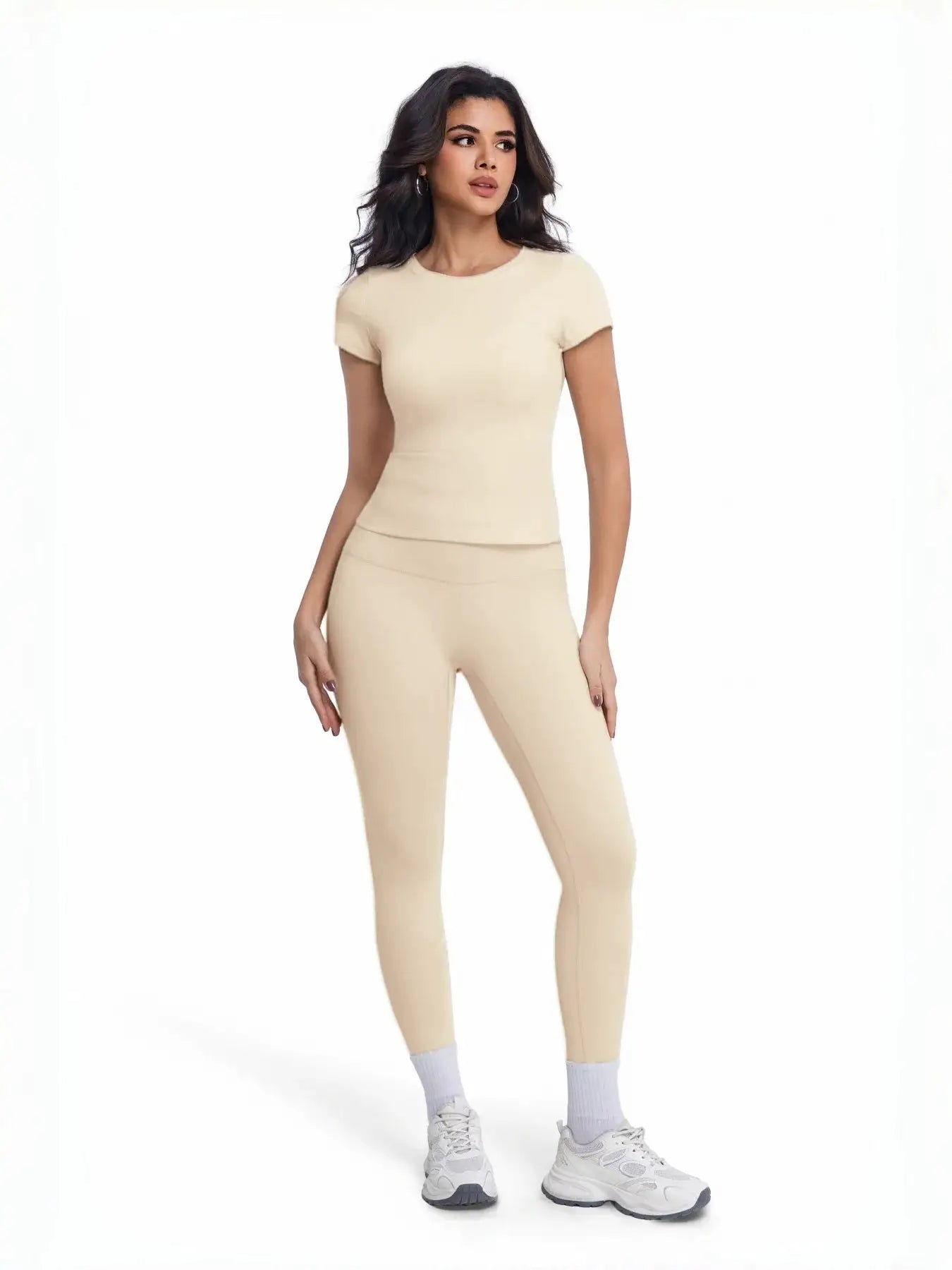 Women's 2 Piece Workout Set, Ultra-Soft Short Sleeve T-Shirt & High Waist Leggings, Seamless Butt Lifting Yoga Outfit for Gym, R