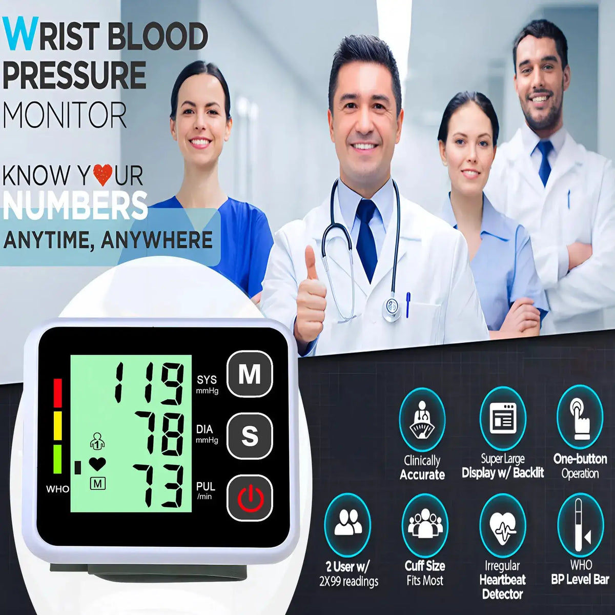 Medical Digital LCD Wrist Automatic Blood Pressure Monitor Sphygmomanometer PR Heart Beat Rate Pulse Mete Tonometer Health Care