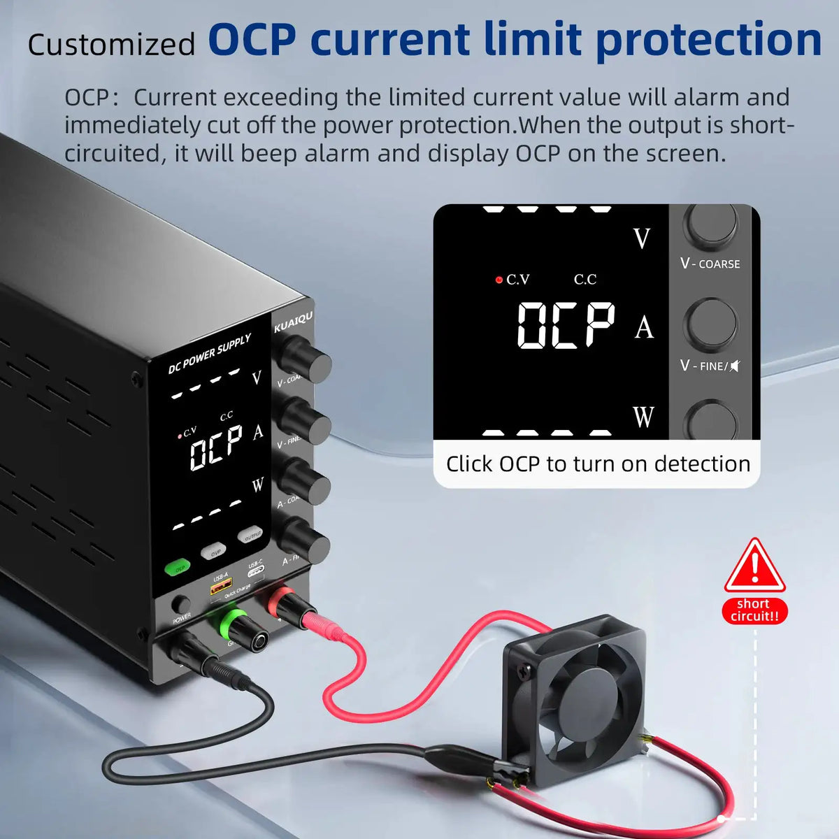 KUAIQU 2024 Newest OCP OVP DC Adjustable Laboratory Power Supply 30V 10A 5A Output Switch USB-A TYPE-C Port Fast Charging 120V
