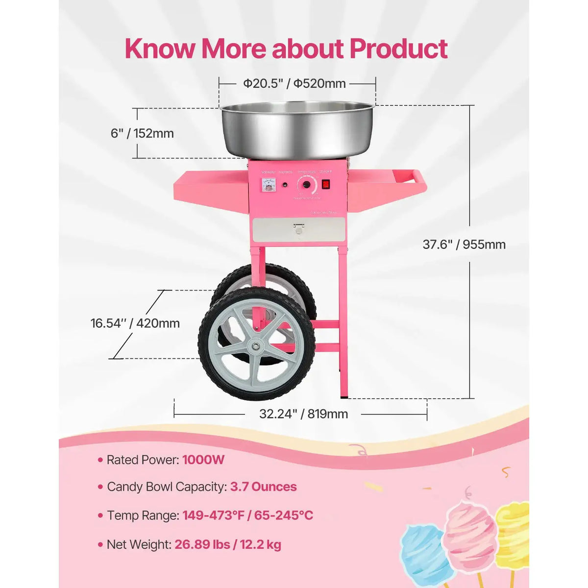 SucceBuy Electric Cotton Candy Machine with Cart Commercial Candy — product view 8