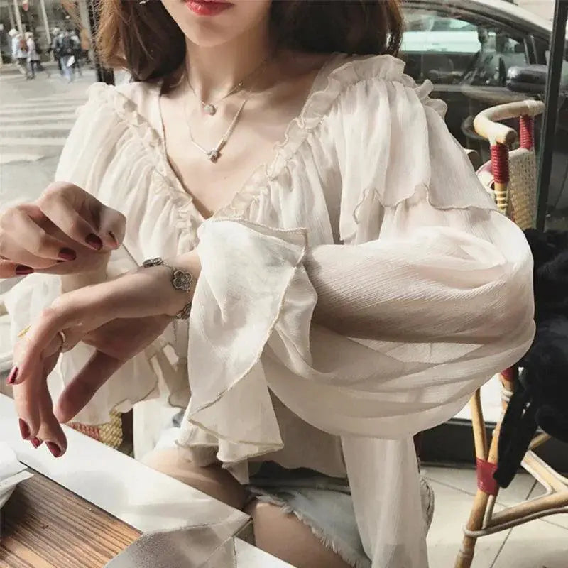 Allure Redefined Sheer Mesh Blouse With Flare Sleeves