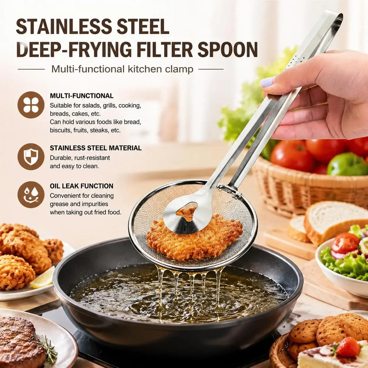 Stainless Steel Fine Mesh Strainer Spoon with Clip Kitchen Oil — product view 1