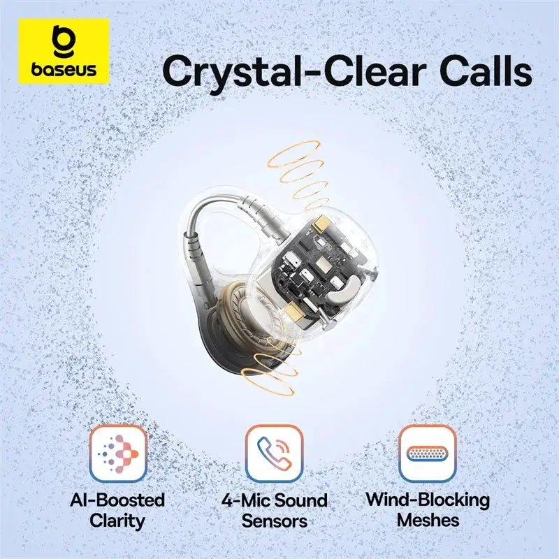Baseus Bass BC1 Open Ear Earbuds Clip-On Headphones Open-Ring Comfort Clip Earphones SuperBass 4-Mic Clear Calls Sports Earbuds