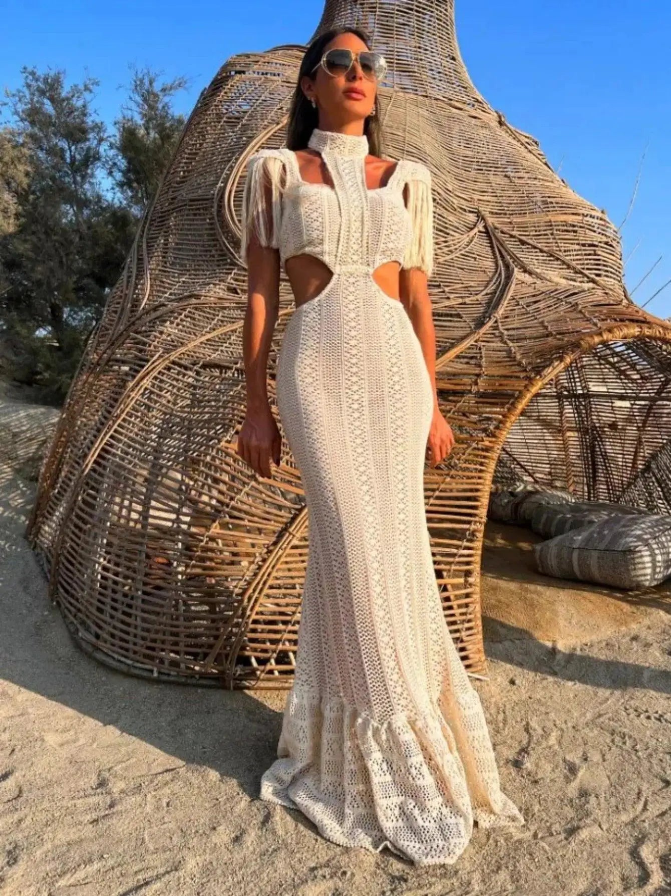White Lace Turtleneck Dress Summer Beachwear Sensation
