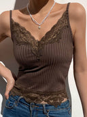 Gothic Bodycon Camis Crop Top Women Grunge Punk Backless Ribbed Lace Trim Summer