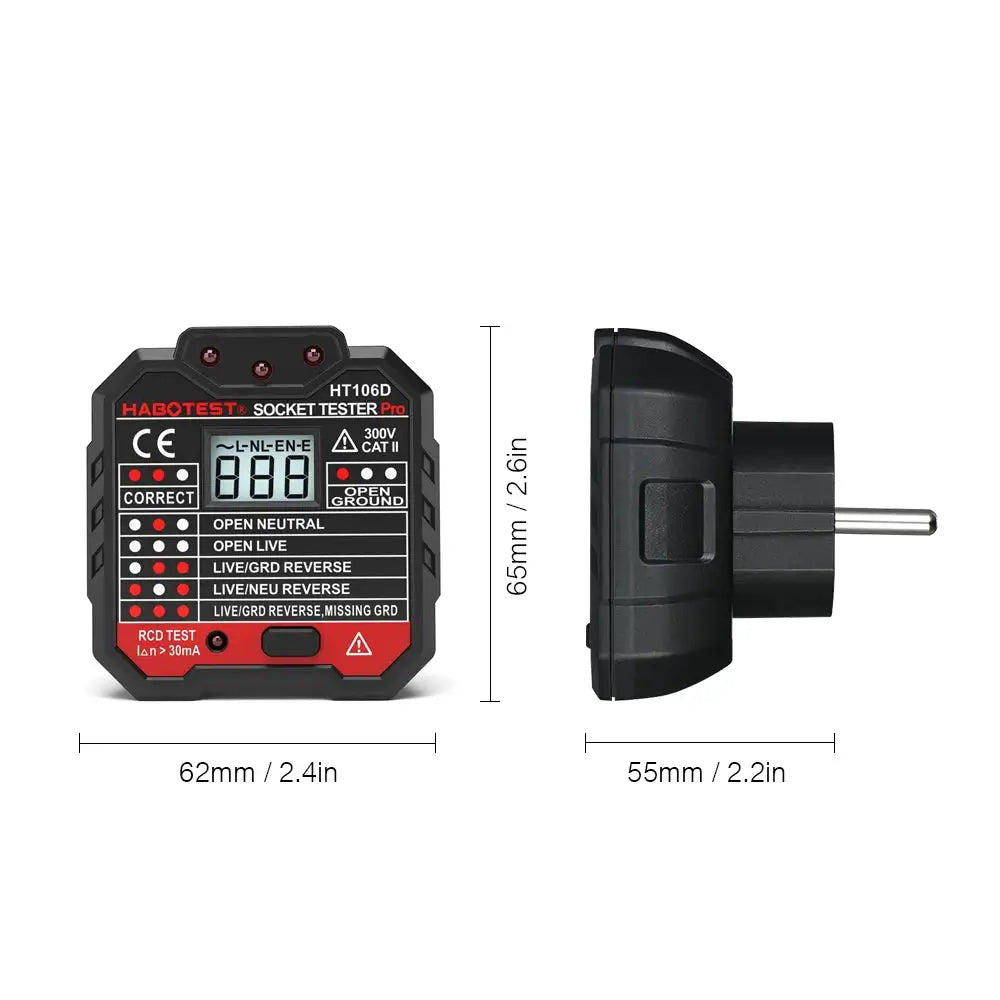 HT107 Digital Socket Tester Pro Voltage 30mA &5mA RCD Test Smart Detector EU US UK Plug Ground Zero Line Polarity Phase Check