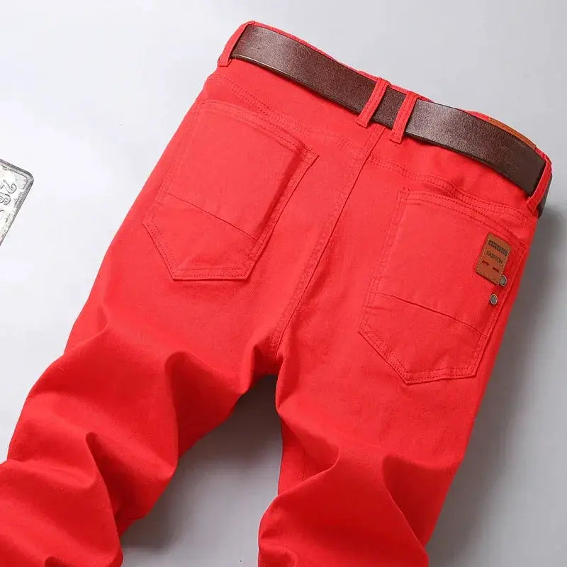 Red White Jeans Men's Stretch Cotton Denim Pants Classic