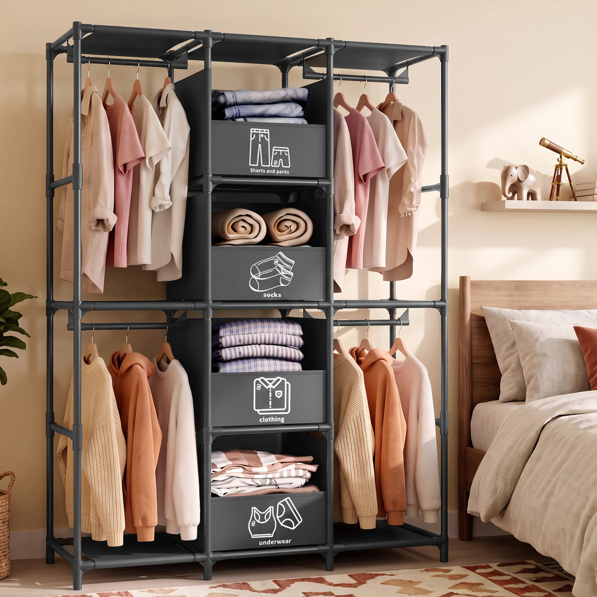 Freestanding Wardrobe Closet Dustproof Hanging Rods & Drawers — product view 1